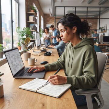 A focused woman in a modern office setting works diligently on her laptop, surrounded by colleagues in the background, illustrating productivity and a collaborative work environment.