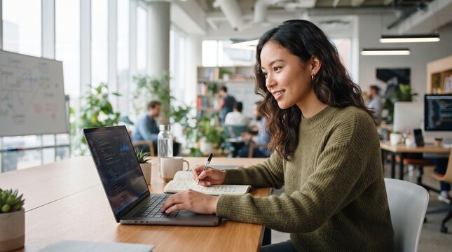 A focused young woman works diligently on her laptop in a bright, modern co-working space, surrounded by plants and the hum of activity.