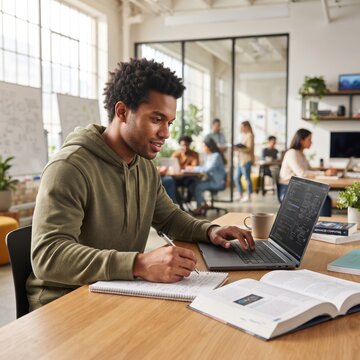 A focused young man with dark curly hair works intently on his laptop, jotting notes in a notebook while sitting at a wooden desk in a modern, bright co-working space. People work in the background.