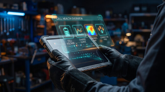 EV battery diagnostic augmented reality tablet. Technician in gloves holding rugged device with holographic HUD interface showing cell health data in a dark workshop for industrial maintenance.