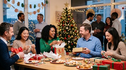 Fototapeta premium Happy diverse coworkers unwrapping christmas gift boxes at party