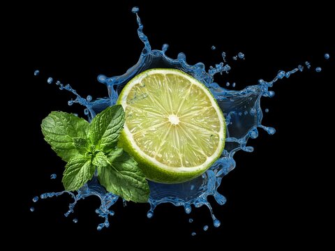 Lime splash illustration set, fresh slice mint leaves blue liquid festive vector artwork