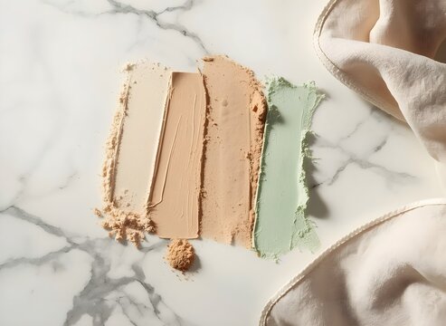 Flat lay of foundation, concealer, and green color corrector cream texture swatches on marble
