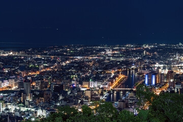 Fototapeta premium Panoramic night view of Tokushima city center from the summit of Mount Bizan.
