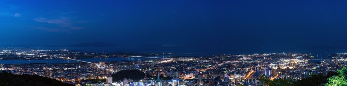 Panoramic night view of Tokushima city center from the summit of Mount Bizan.