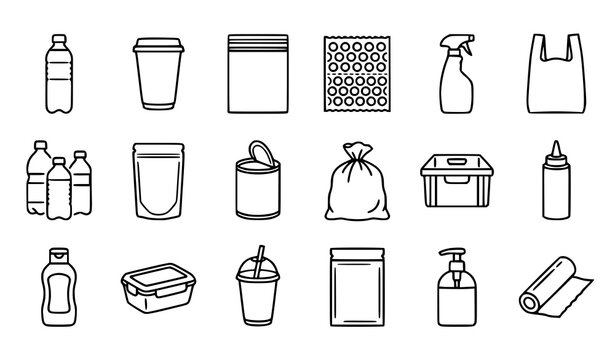 Plastic Packaging Bottle Cup Bag Pouch Bubble Wrap Spray and Container Editable Line Icon Set