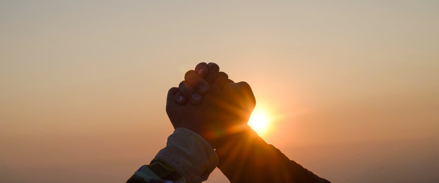 Banner hands high five Fist bump Volunteer mission business partner with copy space. Two people multiracial high five hands stack join arm together. Team bump fist together. Hand High Five Business