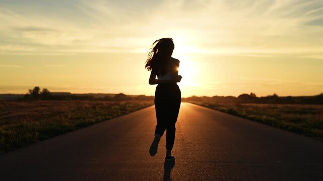 silhouette sports girl running legs along road sunset, sprint running, sports morning dawn, female power, young active sport athlete, cardio workout workout, runner man, running silhouette, outdoors