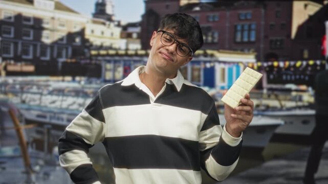 Man holding white chocolate bar with hand raised in shrug in front of waterfront building, wearing striped sweater and glasses; casual bemusement.