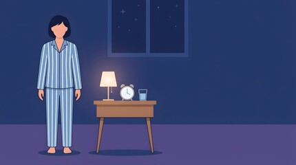 Fototapeta premium Insomnia at Midnight: A person in striped pajamas stands beside a nightstand with a glowing lamp, alarm clock, and a glass of water, under the starry night sky visible through a window.