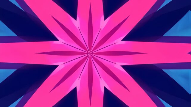 Abstract Kaleidoscope Pink and Blue: A vibrant abstract pattern with sharp pink geometric shapes radiating from a central point against a deep blue background.