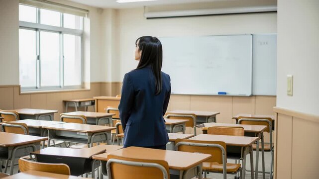 Lone Student in Classroom: A young student stands in a seemingly empty classroom, facing away from the camera, looking towards a whiteboard. The desks are neatly arranged.