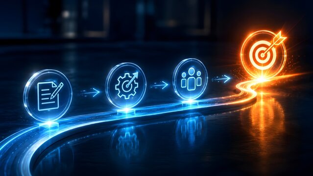 Visual representation of a strategic business process, from initial planning and collaborative team execution to successfully achieving the ultimate organizational goal.