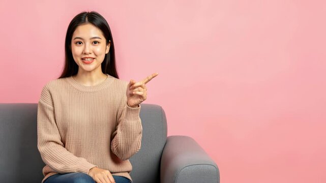 Asian Woman on Sofa Pointing: A young Asian woman with a warm smile sits comfortably on a gray sofa, elegantly pointing to the right with her index finger against a soft pink backdrop.
