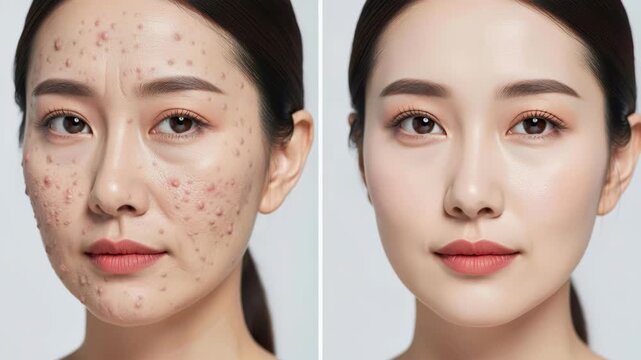 Skin Transformation: A side-by-side comparison showcases the dramatic improvement in skin clarity, comparing a face with acne and blemishes to a clear, blemish-free complexion.