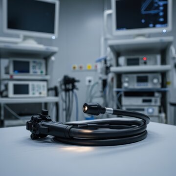 Advanced flexible endoscope with integrated light and camera resting on a sterile surface in a modern medical equipment bay
