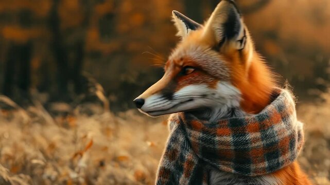 Fuzzy red fox snuggled up in plaid scarf with autumn leaves on the ground behind it.