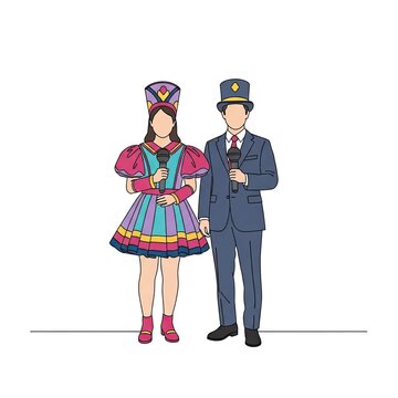 Male and female entertainers in theatrical costumes holding microphones