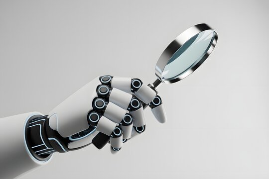 Robotic hand holding a magnifying glass examining data with magnifier, research