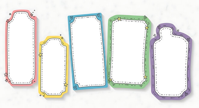 Set of blank labels and colorful frames featuring handdrawn doodles and decorative borders on paper tags for creative journals