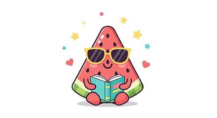 Naklejka premium Cute cartoon watermelon character reading a book with sunglasses and stars
