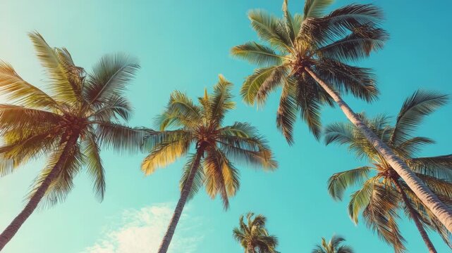A tropical beach scene with palm trees swaying in the wind under a clear blue sky.
