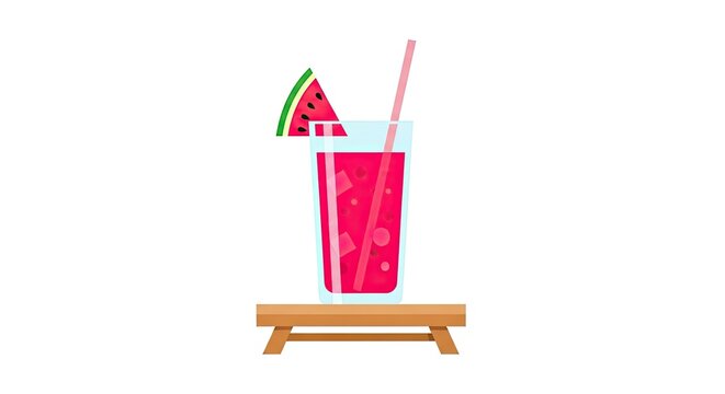 Fresh watermelon juice in a glass with a straw on a wooden stand illustration