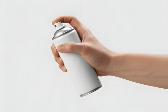 Human hand holding blank white aerosol spray paint can against white background