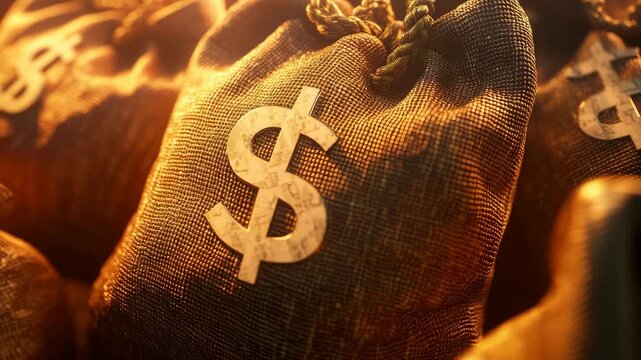 Warm light illuminates burlap bags with dollar signs. Close-up view highlights texture and detail. Each bag symbolizes financial wealth or gain. Focus is sharp on central bag, others softly blurred