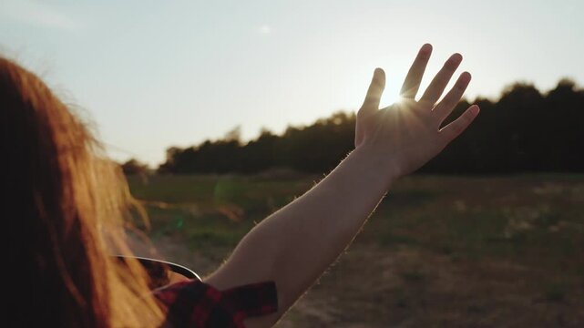Woman girl hand in the window, girl Easygoing ride, nature surrounding, reaching for the sun, sunset drive, cool evening, peaceful views, friendship moments, beauty on the road, windows rolled down