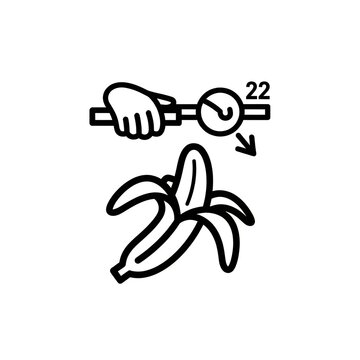 Line art icon of a hand using a gauge to measure banana ripeness or sugar content