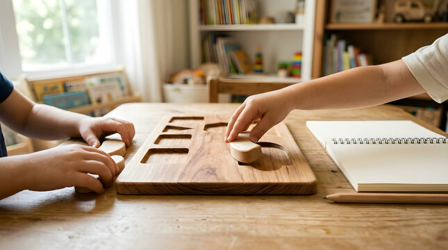 Children hands placing pieces on a wooden educational puzzle toy at home with children education learning development childhood activity cognitive thinking solution creative