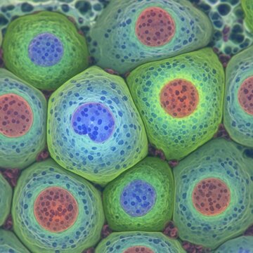 Illuminated Microscopic Image of Vibrant Cells with Nucleus and Cytoplasm in Detailed Cellular Structure