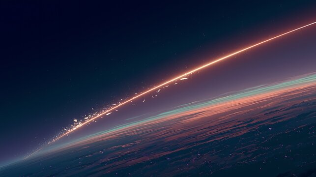 Stunning cosmic scene with light streak diagonally across earth horizon with pink and cyan particles against dark sky, space themed horizontal banner,music concert party festival event