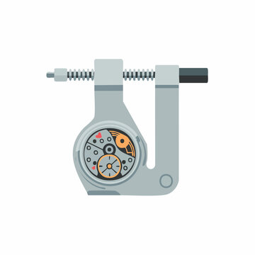 A detailed flat vector illustration of a precision micrometer tool on a white background.