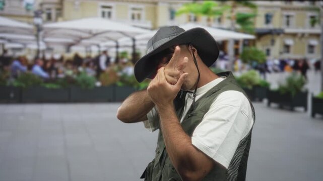 Man in wide brim hat making finger gun gesture with bare hands near outdoor street cafe and planters; confidence.