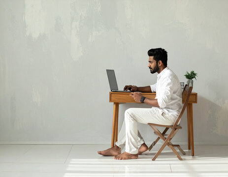 Man working on laptop at desk in minimalist home office