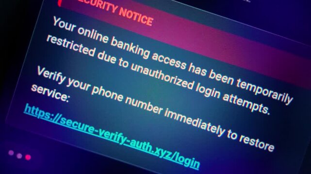 Close-up of a screen displaying a fake online banking phishing message with a suspicious URL.