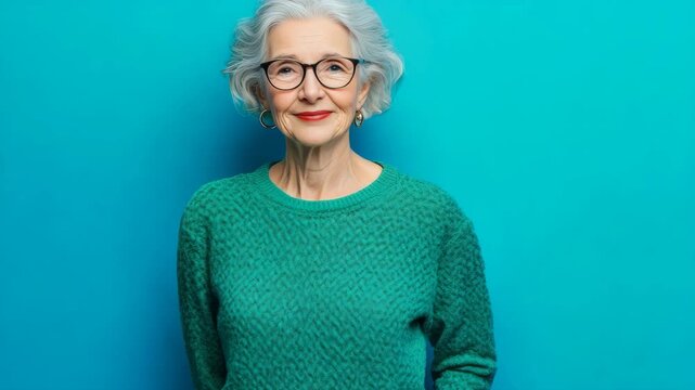 Senior woman smiles gently against bright blue background. Her glasses frame soft, kind eyes. Wearing cozy green textured sweater. Hair is short, silver, neatly styled