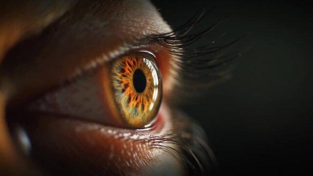 Cinematic extreme macro footage of a single tiger eye illuminated by gentle side lighting showing a warm amber iris for international tiger day
