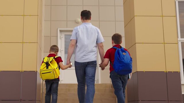 School entrance with parent, Child safety and care, Stepping into academics, Prepared for lessons, Dad&rsquo;s encouragement works, Ready for success, Happy family school day, Academic progress starts