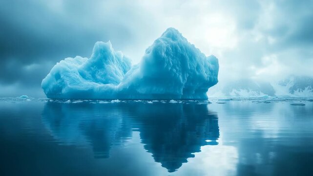 A large iceberg floating on a blue ocean with cloudy skies above.
