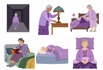 Fototapeta premium Elderly woman bedtime routine vector illustration set featuring senior lady sleeping, reading in bed, turning off lamp, and walking in a hallway.