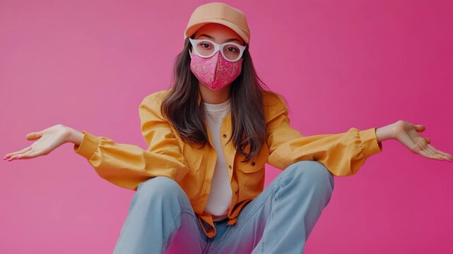 Pink background with a young woman seated. She wears a yellow jacket and cap. Her face is covered by a patterned mask. She extends her arms with palms up. Her expression appears calm and relaxed