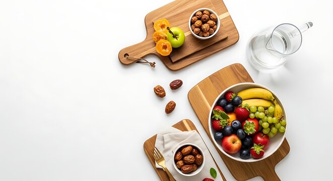 Healthy Assorted Fresh Fruits and Dates on Wooden Cutting Boards for Nutritious Ramadan Iftar Meal