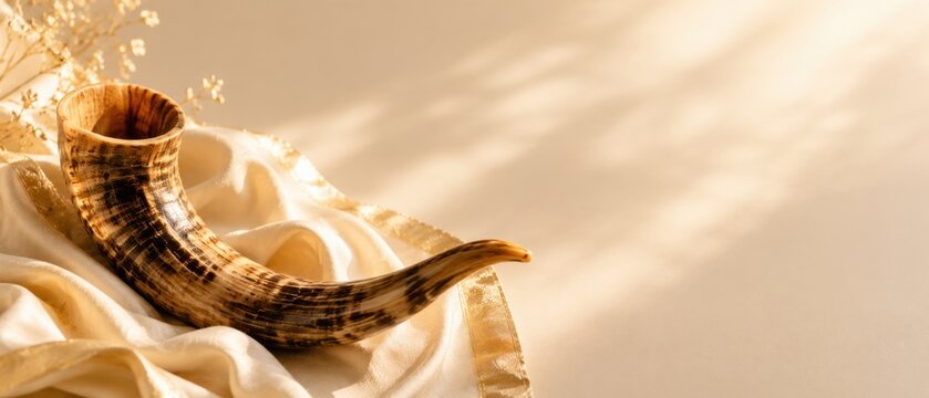 Beautiful Rosh Hashanah banner template. Traditional shofar on white fabric with gold trim against beige background with warm sunlight shadows and copy space.