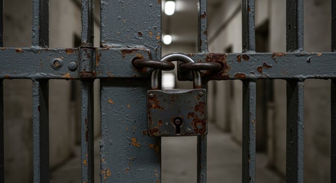 Padlock secures rusty iron gate in corridor with industrial worn
