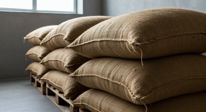Sack bags stacked on pallets inside warehouse with natural light and concrete floor