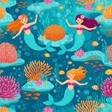 Ocean Seamless mermaid pattern featuring cute characters swimming through a vibrant coral underwater reef with tropical fish and sea plants