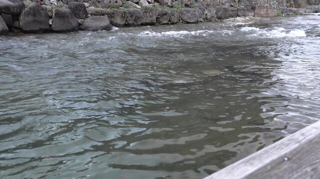 View from a wooden boardwalk of a river with fast and gentle currents running along a stone embankment